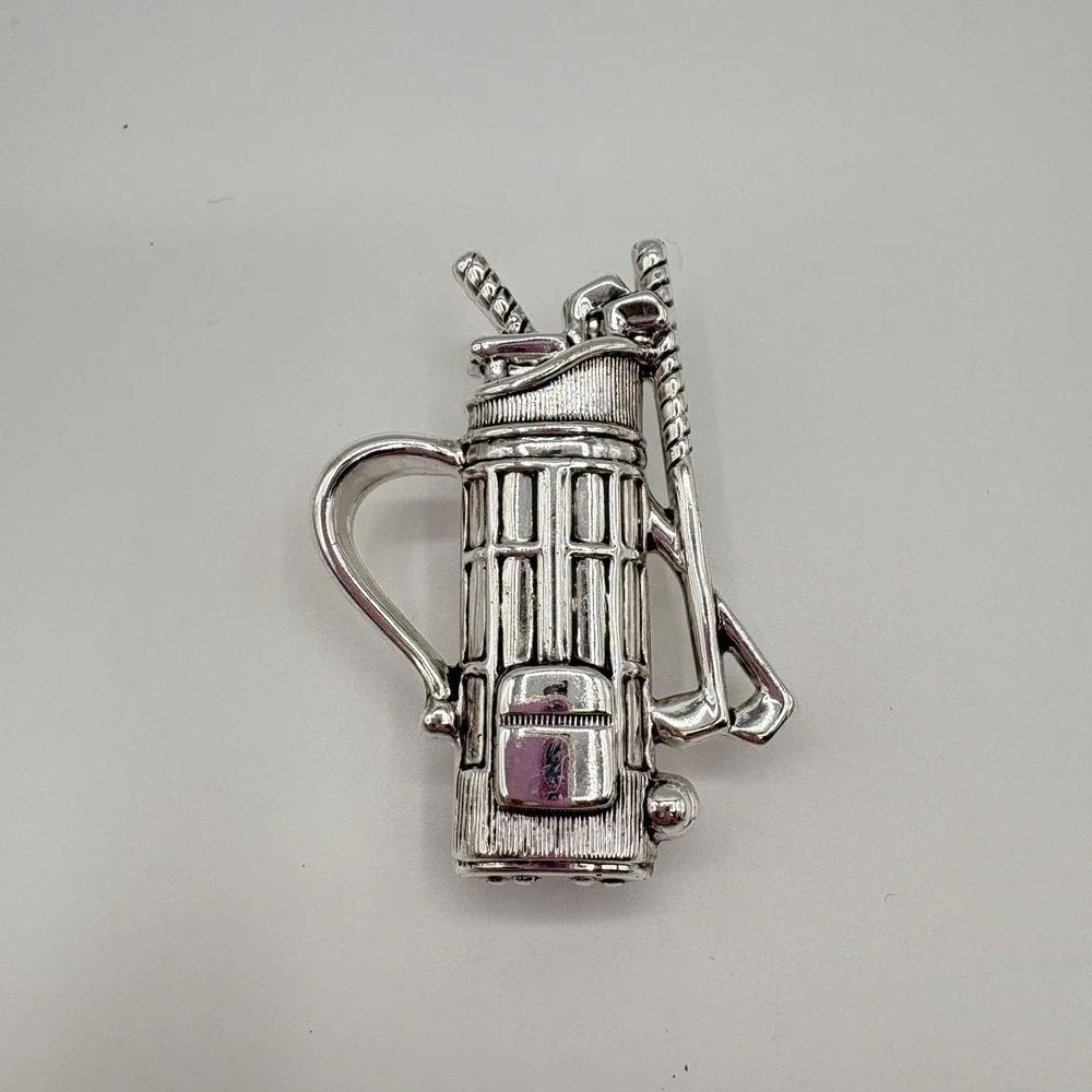 Vintage Golf Bag With Clubs Brooch Pin‎ Silver Tone Sports Jewelry